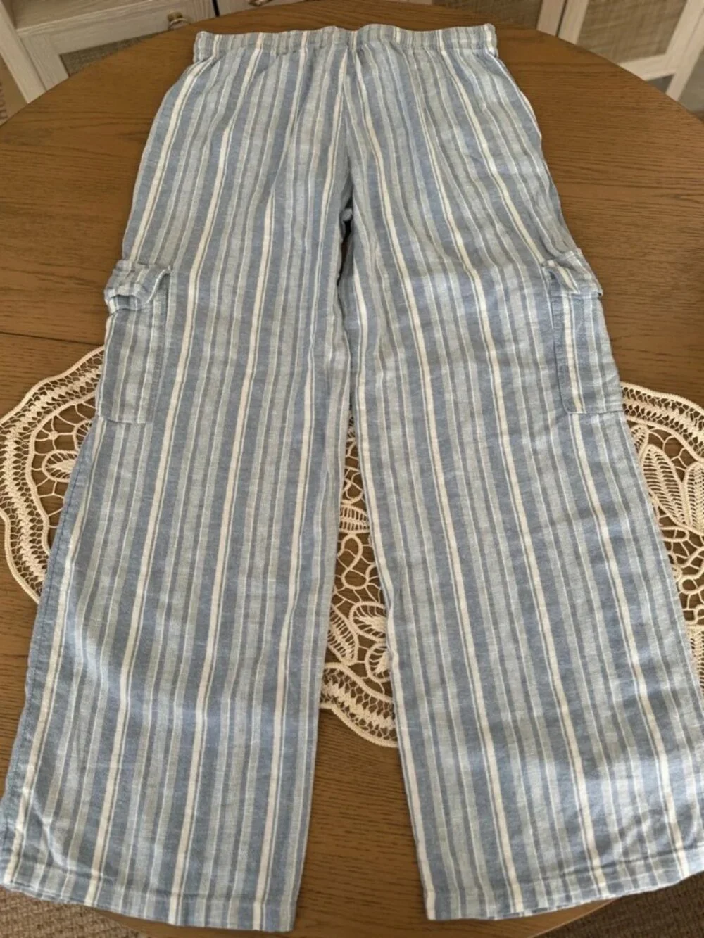 Roxy Linen Blend Striped Wide Leg Drawstring Pants Blue White M Boho Coastal - Picture 3 of 6